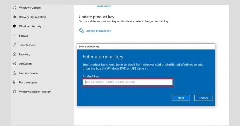 Enter Windows 10 Product Key License