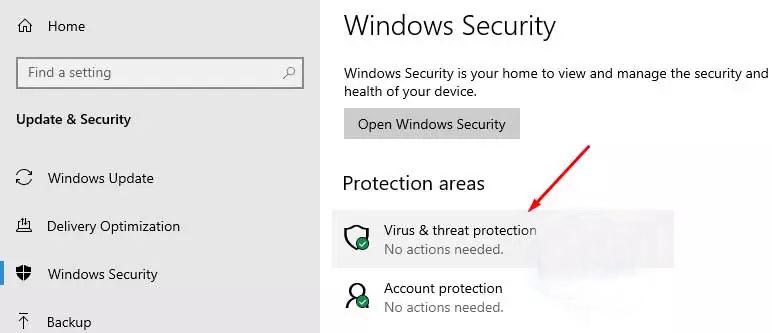 Click Virus & Threat Protection Options