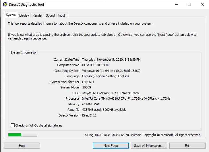 Using DirectX Diagnostic Tool dxdiag