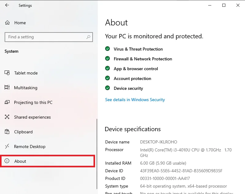 Using the About option in the Settings menu