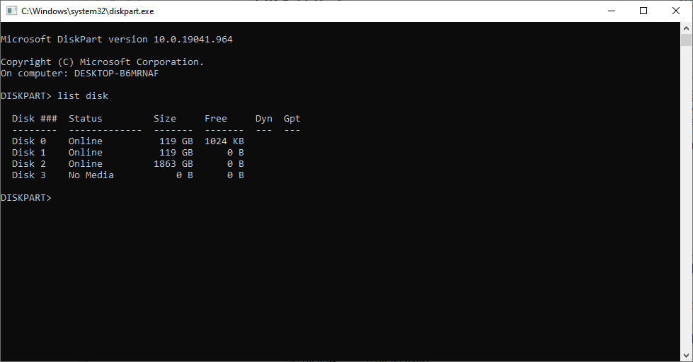 How to see Windows 10 storage capacity via DiskPart