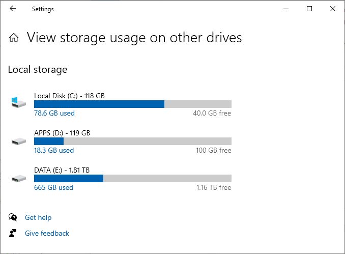 How to see Windows 10 storage capacity via Storage Settings