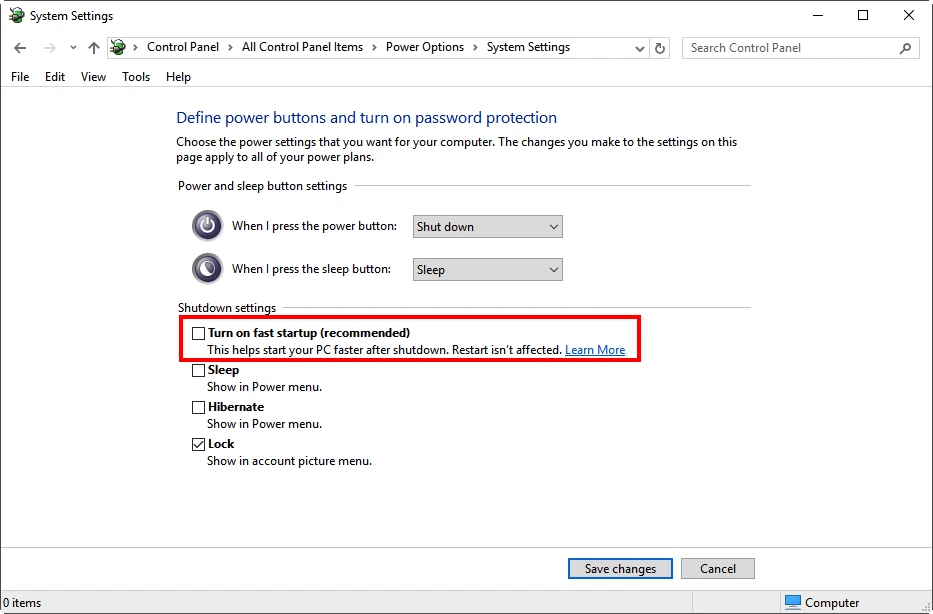 Disable Fast Start-Up