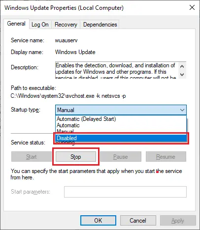 Disabling Windows Update Service