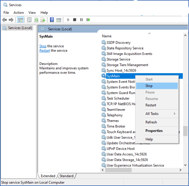 Stop the Service Host Sysmain process