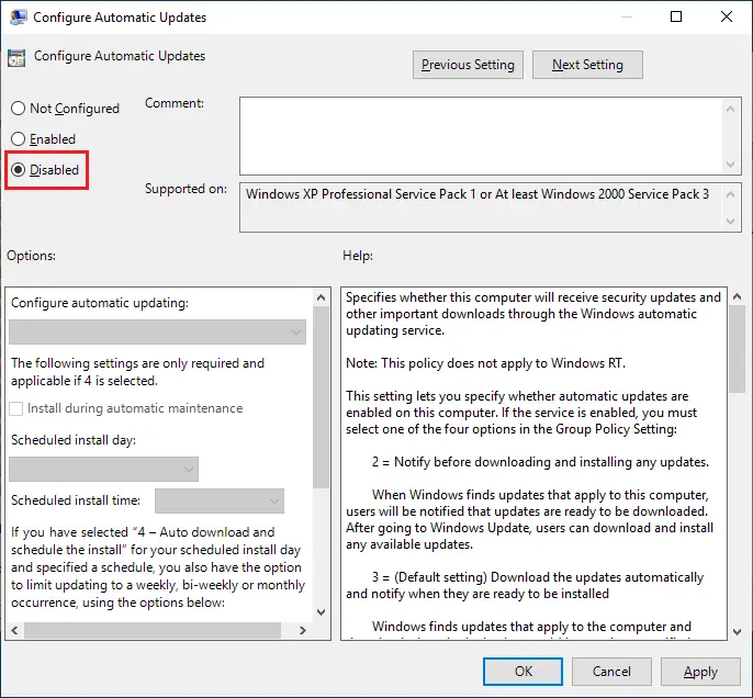 Turn off Auto Update via Group Policy Editor