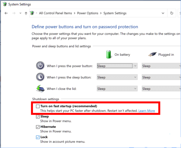 Turn off the Fast Startup feature