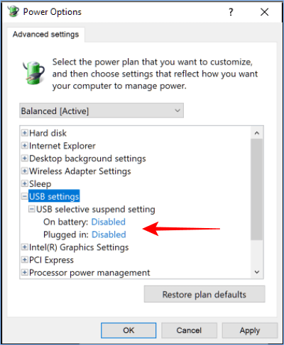 Turn off the USB Selective Suspend Feature